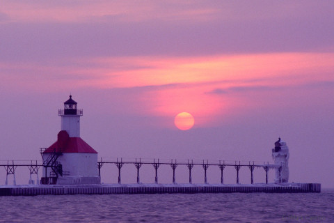 Sunset on a foggy day at the St Joseph lighthouse.