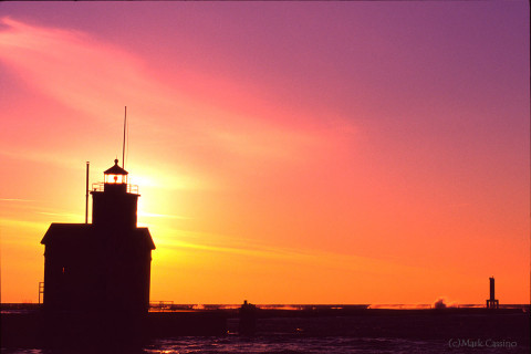 Lighthouse at Holland, Michigan during sunset.