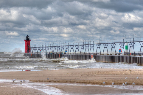 The beach at South Haven, Michigan on a stormy October day.