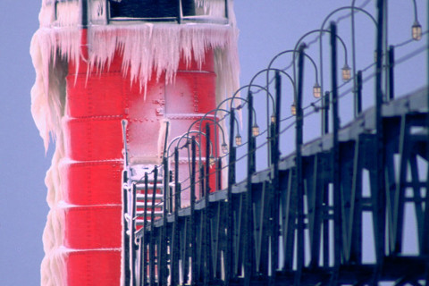 South Haven, Michigan, lighthouse covered with ice.
