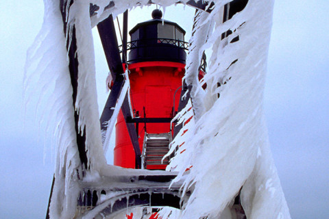 Framed In Ice, Lighthouse at South Haven, Michigan