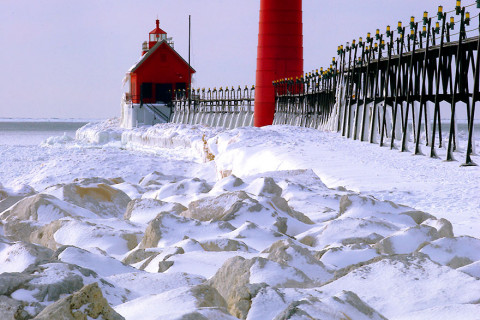 Grand Haven Lighthouse in winter.